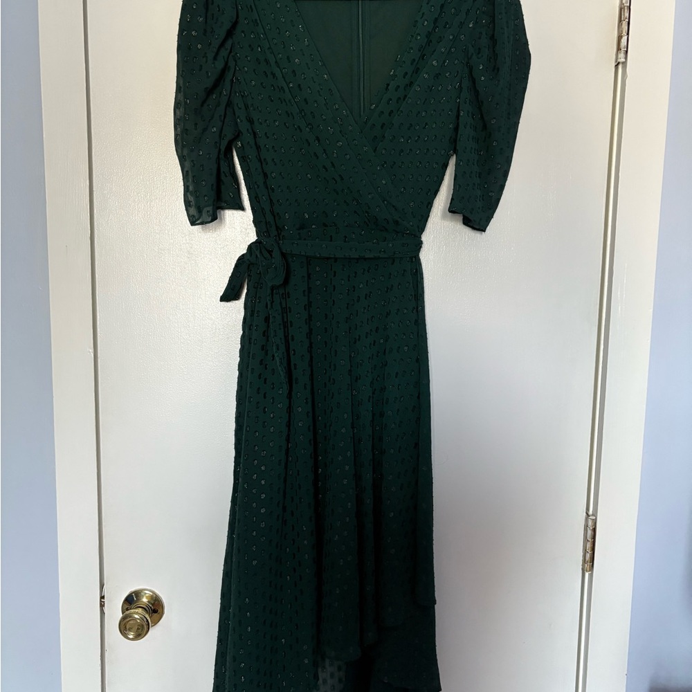 Tommy Hilfiger size 16 Green FAUX Wrap Dress V-neck Puff Sleeve lined